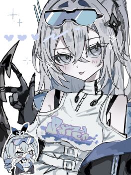 1girl :p buckle clothes_writing clothing_cutout commentary_request eyewear_on_head gauntlets goggles grey_eyes grey_hair hair_between_eyes highres honkai:_star_rail honkai_(series) jacket long_hair mirasan_x off_shoulder open_clothes shoulder_cutout silver_wolf_(honkai:_star_rail) single_gauntlet tongue tongue_out turtleneck v zipper