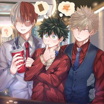 3boys ? aqua_eyes bakugou_katsuki black_necktie black_vest blonde_hair blue_bow blue_bowtie blush boku_no_hero_academia bow bowtie candy chocolate chocolate_bar coca-cola collared_shirt crossed_arms cup disposable_cup drinking_straw food freckles frown furrowed_brow green_eyes green_hair grey_jacket hair_between_eyes hand_on_own_chin heterochromia highres holding holding_cup image_in_thought_bubble indoors jacket looking_at_another male_focus midoriya_izuku mikan_(artist) movie_theater multicolored_hair multiple_boys necktie parted_lips pinstripe_jacket pinstripe_pattern red_eyes red_hair red_necktie red_shirt scar scar_across_eye scar_on_face shirt short_hair spiked_hair spoken_question_mark suit_jacket sweatdrop thinking todoroki_shoto two-tone_hair upper_body vest waistcoat white_hair white_shirt