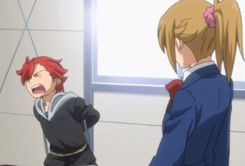10s 1boy 1girl animated animated_gif bdsm blush bondage bound chair gundam gundam_build_fighters gundam_build_fighters_try hoshino_fumina kamiki_sekai red_hair