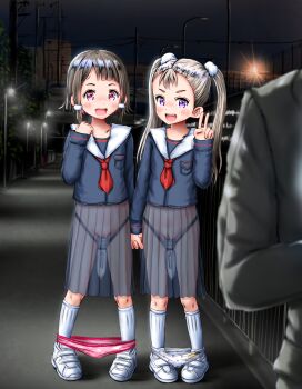 1boy 2girls absurdres age_difference black_hair blush brown_hair censored cleft_of_venus dildo embarrassed flat_chest full_body heart heart_panties heart_print higeepon highres hitachi_magic_wand holding_hands huge_filesize loli looking_at_viewer masturbation multiple_girls night outdoors panties panty_pull print_panties school_uniform see-through_clothes serafuku sex_toy shoes sneakers standing stealth_masturbation strap-on tagme third-party_edit twintails underwear v vibrator x-ray