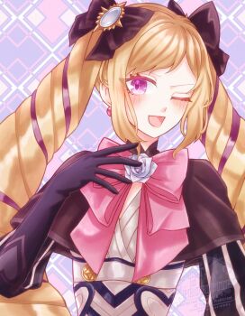 1girl aristocratic_clothes black_bow black_gloves blonde_hair bow commentary_request drill_hair elise_(fire_emblem) fire_emblem fire_emblem_fates flower gloves hair_bow hand_on_own_chest highres long_hair nintendo one_eye_closed open_mouth pink_bow purple_eyes smile solo twin_drills twintails very_long_hair watermark yuria0322