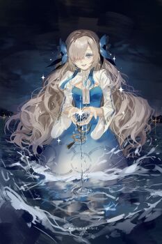 Rule 34 | 1girl, absurdres, blue dress, blue flower, brown hair, commentary, cupping hands, dress, flower, grey eyes, hair flower, hair ornament, hair over one eye, highres, isekaijoucho, juliet sleeves, kamitsubaki studio, long hair, long sleeves, looking at viewer, nemumioto, o-ring, on water, open mouth, own hands together, parted bangs, puffy sleeves, smile, solo, standing, tassel, translation request, very long hair, water, wavy hair