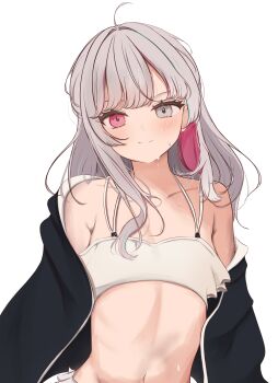 1girl absurdres bikini black_jacket blush breasts cleavage colored_inner_hair grey_eyes grey_hair heterochromia highres ishigami_nozomi jacket linea_alba long_hair looking_at_viewer multicolored_hair navel nijisanji off_shoulder pink_eyes pink_hair ri_shan simple_background small_breasts smile solo streaked_hair sweat swimsuit virtual_youtuber white_background white_bikini