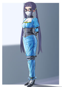 Rule 34 | 1girl, arms behind back, bdsm, black hair, blue dress, bodysuit, bondage, bound, bound arms, bound legs, breasts, brown eyes, collar, corset, dress, full body, gag, gagged, glasses, juliet sleeves, latex, latex bodysuit, lock, long hair, long sleeves, looking at viewer, mask, oogaki chiaki, padlock, puffy sleeves, purple hair, raitaroo, red eyes, restrained, shiny clothes, small breasts, solo, twintails, very long hair, yurucamp
