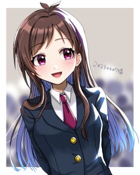 Rule 34 | 1girl, antenna hair, ayaca, blazer, blush, brown hair, collared shirt, dated, hair ornament, hairclip, idolmaster, idolmaster cinderella girls, jacket, long hair, looking to the side, necktie, open mouth, pink eyes, shirt, smile, solo, tsujino akari, white shirt