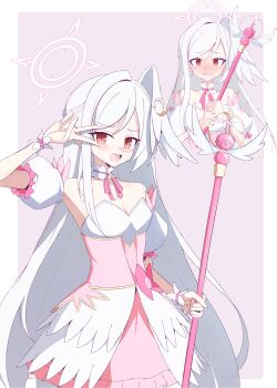 1girl absurdres aramid_(prism_dopant) bare_shoulders blue_archive blush breasts bustier cleavage commentary_request crescent crescent_hair_ornament detached_sleeves dress embarrassed hair_ornament halo head_wings highres holding holding_wand long_hair neck_ribbon official_alternate_costume parted_bangs pink_dress pink_ribbon red_eyes ribbon single_hair_intake single_head_wing small_breasts solo suzumi_(blue_archive) suzumi_(magical)_(blue_archive) underbust v v_over_eye very_long_hair wand white_halo wings