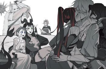 2girls 5boys asymmetrical_bangs bald bare_shoulders baur_zigvolt blue_eyes blunt_ends blurry blush bottle boy_sandwich breasts cape chinese_commentary claw_ring clothing_request cocked_eyebrow collarbone commentary_request couch cowboy_shot crossed_legs cup dawn_knight_(twisted_wonderland) depth_of_field design_speculation dragon_girl dragon_horns dragon_tail dress drinking_glass earrings fang fingernails french_kiss frilled_dress frilled_sleeves frills front-to-back fur_cape gloves green_eyes grin hair_between_eyes hair_slicked_back hand_on_another's_chest hand_on_another's_hip hand_on_lap hand_up hands_on_another's_back henrick_istvan hickey high_ponytail holding holding_bottle holding_mace holding_weapon horns imminent_death jewelry jitome kiss kissing_neck leaning_forward lilia_vanrouge lilia_vanrouge_(general's_armor) long_hair long_pointy_ears long_sleeves looking_at_another loose_hair_strand mace maleanor_draconia medium_breasts monochrome multicolored_hair multiple_boys multiple_girls netorase nose_blush on_couch outline pantyhose pointy_ears ponytail puffy_long_sleeves puffy_sleeves queen_leah_(twisted_wonderland) raised_inner_eyebrows raverne_draconia rectangular_mouth red_streaks reeeeehannnnnn sandwiched see-through_cleavage see-through_clothes side-by-side side_slit simple_background sitting slit_pupils small_sweatdrop smile spiked_mace spikes spot_color straight_hair streaked_hair swinging_weapon tail thick_eyebrows turtleneck twisted_wonderland wavy_hair weapon white_background white_outline wine_bottle wine_glass yaoi