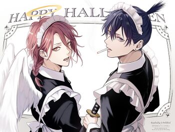 2boys angel_devil_(chainsaw_man) angel_wings apron black_dress blue_hair chainsaw_man cigarette collared_dress commentary_request crossdressing crossdressing_(mtf) double-parted_bangs dress hair_between_eyes halloween halo happy_halloween hayakawa_aki holding holding_sword holding_weapon katana lower_teeth_only maid maid_apron maid_headdress male_focus male_maid multiple_boys open_mouth orange_eyes purple_eyes red_hair smoking sword teeth tori_art07 watermark weapon white_apron wings