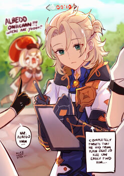 1boy 3girls albedo_(genshin_impact) black_gloves blue_eyes blurry book brown_hair newsboy_cap clover_print coat commentary crying depth_of_field elbow_gloves english_commentary english_text gameplay_mechanics genshin_impact gloves hakamii hat hat_feather hat_ornament highres holding holding_book holding_pen klee_(genshin_impact) light_brown_hair low_twintails multiple_girls pen pointy_ears red_coat red_headwear sketchbook solo_focus streaming_tears tears timer twintails vision_(genshin_impact)