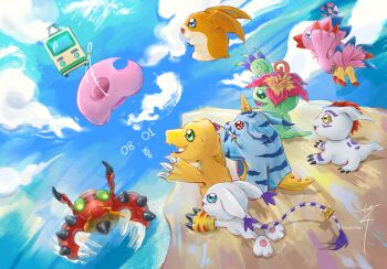 agumon bird bug cat digimon digimon_(creature) gabumon gomamon hat highres palmon patamon petals piyomon shinori_(pixiv_user_110739486) tailmon tentomon wings