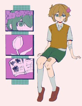 2boys alternate_color arm_support bandaged_arm bandages bandaid bandaid_on_cheek bandaid_on_face bandaid_on_knee bandaid_on_leg bandaid_on_nose basil_(faraway)_(omori) basil_(headspace)_(omori) basil_(omori) blonde_hair blue_eyes brown_shoes brown_sweater_vest closed_mouth collared_shirt dual_persona flower green_eyes green_hair green_shorts hair_flower hair_ornament head_wreath highres loafers male_focus multiple_boys omori shirt shoes short_sleeves shorts sitting socks sweater_vest tokkooyaku tulip white_shirt white_socks