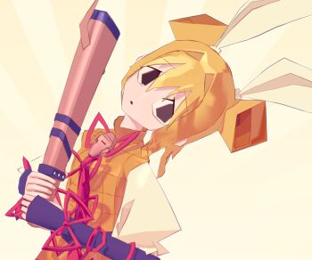 1girl 3d blender_(medium) blonde_hair bow brown_eyes commentary_request double_bun dress empty_eyes guuchama hair_between_eyes hair_bow hair_bun haniwa_(statue) holding joutouguu_mayumi leaning_to_the_side looking_at_viewer open_mouth puffy_short_sleeves puffy_sleeves red_ribbon ribbon shirt short_hair short_sleeves sleeveless sleeveless_dress solo touhou upper_body white_bow white_shirt yellow_background yellow_dress