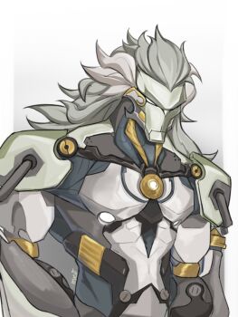 1boy banyue_(zenless_zone_zero) commentary dayydreemm english_commentary grey_hair long_hair looking_at_viewer male_focus muscular muscular_male robot_boy signature zenless_zone_zero