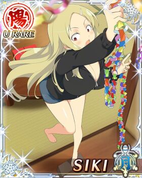 1girl :o black_hoodie blonde_hair border breasts card_(medium) character_name cleavage decorating decorations denim denim_skirt game_cg hair_ornament hairclip hood hoodie large_breasts long_hair looking_down middle_part miniskirt mole mole_under_mouth official_art parted_bangs partially_unzipped red_eyes senran_kagura senran_kagura_new_wave shiki_(senran_kagura) skirt solo standing standing_on_one_leg tatami third-party_source zipper_pull_tab