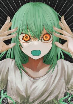 1girl commentary_request fingernails green_hair highres long_hair looking_at_viewer orange_eyes original pale_skin sabashime_botan shirt solo sweat t-shirt tsurime upper_body wavy_eyes white_shirt