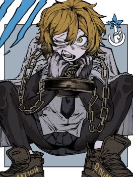 1girl black_leggings black_necktie black_skirt black_sleeves blonde_hair blood blood_in_hair blood_on_face blood_on_hands blue_background border brown_shoes cape collar collar_tug collared_shirt commentary_request cuffs cuffs-to-collar don_quixote_(project_moon) fang full_body grey_cape grey_shirt half-closed_eye highres korean_commentary leggings limbus_company long_sleeves looking_at_viewer metal_collar necktie open_mouth outside_border project_moon scratches shirt shoes short_hair skirt sneakers solo squatting user_vdfv8273 white_border yellow_eyes