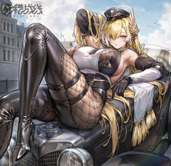 1girl analog_clock armpits bare_shoulders black_gloves black_necktie blonde_hair boots breasts building car character_request clock clock_tower colored_tips commentary_request copyright_name crosscore detached_sleeves feather_hair_ornament feathers fishnets gloves hair_ornament hair_over_one_eye hat high_heel_boots high_heels highres large_breasts leg_up long_hair lying motor_vehicle multicolored_hair necktie official_art on_back on_car orange_eyes outdoors police_hat sky solo steering_wheel surfing_orange thigh_strap tower very_long_hair white_hair