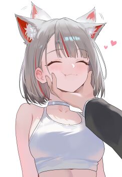 1girl :3 absurdres blush breasts collar crop_top grey_hair heart highres nbee_ya neneko_mashiro short_hair smile stellive