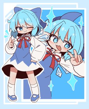 1girl absurdres blue_bow blue_dress blue_eyes blue_hair blue_shoes blush bow cirno commentary double_v dress fairy hair_between_eyes hand_on_own_hip hand_up highres ice ice_wings index_finger_raised korean_commentary long_sleeves looking_at_viewer magg_(user_mtca8588) medium_hair one_eye_closed shirt shoes socks touhou v white_shirt white_socks wings