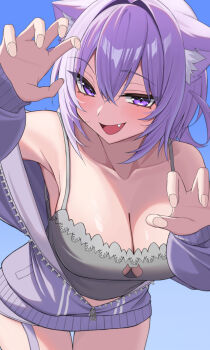 1girl ahoge animal_ear_fluff animal_ears blush breasts camisole cat_cutout cat_ears cat_girl cleavage cleavage_cutout clothing_cutout collarbone commentary_request glasses grey_camisole hair_between_eyes highres hololive jacket leaning_forward medium_hair nekomata_okayu nekomata_okayu_(membership) official_alternate_costume official_alternate_hairstyle open_mouth paw_pose purple_eyes purple_hair purple_jacket solo tenpa_illust two_side_up virtual_youtuber