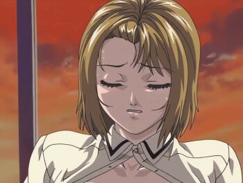 00s 2002 2girls animated animated_gif bible_black bible_black_gaiden blonde_hair bouncing_breasts bra bra_pulled_up breasts classroom closed_eyes clothes_pull cloud cloudy_sky forced grabbing_another's_breast groping kitami_reika kozono_nami large_breasts multiple_girls necktie nipple_stimulation nipples open_clothes opening_another's_clothes pinching_nipple red_sky resistance school school_uniform short_hair sky squeezing_nipple sunset sweat tagme underwear unworn_bra white_bra window yuri