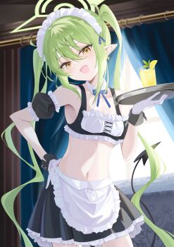 1girl :d absurdly_long_hair alternate_costume apron armpits bare_shoulders black_skirt black_tail blue_archive blue_bow blue_bowtie blue_ribbon bowtie breasts collarbone commentary contrapposto cowboy_shot cup curtains demon_girl demon_tail detached_collar drinking_glass earrings english_commentary enmaided fang floral_print_wall food framed_breasts frilled_apron frilled_armlet frilled_skirt frills fruit gloves green_hair green_halo hair_between_eyes hair_over_shoulder hair_ribbon halo hand_on_own_hip hand_up highres holding holding_tray indoors jewelry lemon lemon_slice lemonade linea_alba loli long_hair looking_at_viewer maid maid_headdress midriff navel nozomi_(blue_archive) open_mouth pleated_skirt pointy_ears ribbon skin_fang skirt small_breasts smile smug solo standing tail tenki_nori thighs tilted_head tray twintails very_long_hair white_apron white_gloves window wrist_cuffs yellow_eyes