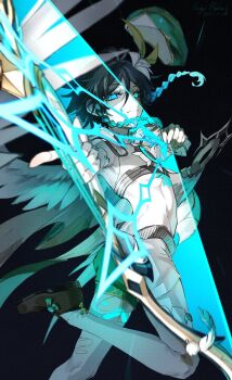 1boy aqua_eyes aqua_hair black_background black_hair bow_(weapon) braid crop_top drawing_bow feathered_wings genshin_impact gradient_hair hashtag-only_commentary highres holding holding_bow_(weapon) holding_weapon magicrabbit49586 multicolored_hair pantyhose partially_colored shoes short_hair shorts side_braids simple_background solo twin_braids venti_(archon)_(genshin_impact) venti_(genshin_impact) weapon wings