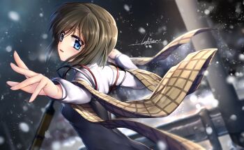 Rule 34 | 1girl, arms up, artist name, black hair, blue eyes, blurry, blurry background, blush, breasts, commentary request, highres, kanon, key (company), looking at viewer, looking back, luft7star, medium hair, misaka shiori, night, parted lips, revision, ribbon, scarf, signature, small breasts, snow, winter