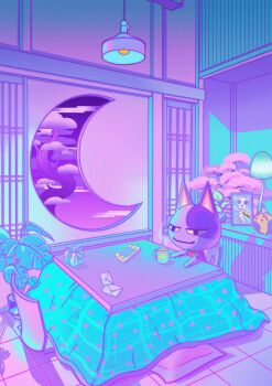 Rule 34 | absurdres, animal crossing, animal ears, blue bow, bob (animal crossing), bow, box, cat boy, cat ears, cat tail, ceiling light, chair, closed mouth, cloud, colored sclera, crescent, cup, envelope, furry, furry male, gift, gift box, glowing, glowing mushroom, handheld game console, hanging light, highres, k.k. slider (animal crossing), kotatsu, letter, mug, mushroom, nintendo, owakita, pastel colors, photo (object), picture frame, pillow, plant, potted plant, purple sky, purple theme, shadow, sky, smile, table, tail, tea, tile floor, tiles, tree, under kotatsu, under table, window, yellow sclera, zaisu