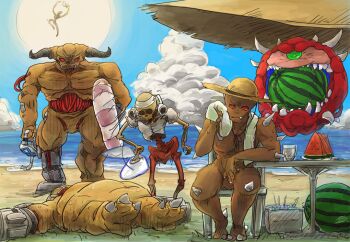 6+boys 88alice arch-vile barefoot beach beach_umbrella blue_sky cacodemon chair cloud cup cyberdemon cyborg day demon doom_(series) doom_ii drinking_glass eating facing_viewer fangs floating food fruit glass green_eyes hand_fan hat headband horizon horns hot imp_(doom) innertube jumping kurashiki_nanka looking_at_viewer lying mancubus monster mouth_hold multiple_boys no_humans ocean on_back outdoors paper_fan red_eyes revenant_(doom) sand sharp_teeth silhouette sitting skeleton sky spikes standing sun sun_hat sunlight swim_ring table tahwnacl teeth tusks uchiwa umbrella water watermelon