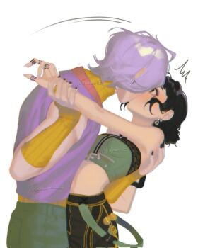 Rule 34 | 1boy, 1girl, arm warmers, black nails, blush, double bun, earrings, eyeshadow, fingernails, hair bun, hair over one eye, hashtag-only commentary, heart, highres, hug, jewelry, kiss, kpop demon hunters, long fingernails, makeup, mole, mystery (kpop demon hunters), one eye closed, parted lips, purple hair, rina4rt, ring, short hair, sidelocks, simple background, spoken heart, turtleneck, twitter username, white background, zoey (kpop demon hunters)