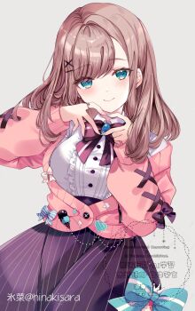 1girl black_skirt blue_eyes blue_nails blush brown_hair cardigan center_frills closed_mouth four-finger_heart_hands frills hair_ornament hairpin heart heart_hands highres hinakisara long_hair looking_at_viewer nail_polish nijisanji pink_cardigan pink_nails skirt smile solo suzuhara_lulu suzuhara_lulu_(1st_costume) virtual_youtuber x_hair_ornament