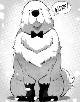 animal animal_focus bond_(spy_x_family) bow bowtie closed_mouth commentary dog english_commentary full_body greyscale highres looking_at_viewer monochrome no_humans sitting solo sound_effects speech_bubble spy_x_family woofzilla
