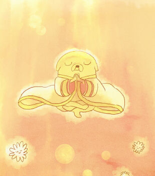 1boy adventure_time commentary_request dog floating full_body highres indian_style jake_the_dog male_focus own_hands_together robe saitou_keiichirou sitting solo yellow_theme