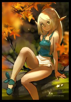 1girl alternate_hair_length alternate_hairstyle autumn autumn_leaves black_border blonde_hair border breasts casual cra_(wakfu) dappled_sunlight evangelyne_(wakfu) female_focus freckles green_eyes halterneck highres in_tree leaf long_hair mary_janes pointy_ears shoes short_shorts shorts sideboob sitting sitting_in_tree smile solo sunlight swept_bangs tree wakfu watermark web_address xaxaxa