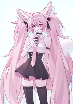 1girl :p absurdres animal_ear_fluff animal_ears arm_behind_back arm_up black_choker black_corset black_ribbon black_skirt black_thighhighs bottomless breasts chinese_commentary choker cleavage collared_dress commentary_request corset cowboy_shot dot_nose dress extra_ears fingernails food fox_ears fox_girl fox_tail hair_between_eyes hair_ribbon hatsune_miku heart heart_in_eye highres holding holding_food ice_cream ice_cream_cone kemonomimi_mode large_breasts large_tail layered_skirt long_hair looking_at_viewer meng_xi_xuan nail_polish necktie pink_hair pink_nails pink_necktie pink_tail pussy ribbon see-through_clothes see-through_skirt sidelocks simple_background skirt sleeveless sleeveless_dress solo standing symbol_in_eye tail thighhighs tongue tongue_out very_long_hair vocaloid white_background white_dress