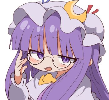 1girl bespectacled blue_ribbon blunt_bangs blush capelet chibi crescent crescent_hat_ornament glasses hat hat_ornament hat_ribbon highres long_hair looking_at_viewer magg_(user_mtca8588) mob_cap open_mouth patchouli_knowledge purple_eyes purple_hair red_ribbon ribbon simple_background solo sweatdrop touhou upper_body white_background