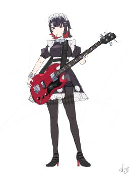 1girl absurdres apron argyle_clothes argyle_pantyhose bass_guitar black_dress black_hair black_pantyhose black_shoes bracelet breasts collar colored_inner_hair commentary_request dress ellen_joe frilled_dress frills full_body gibson_sg_(bass) guitar_strap hair_ornament hairband hairclip high_heels highres holding holding_bass_guitar holding_instrument instrument jewelry maid_headdress medium_breasts metal_collar metal_hairband multicolored_hair no_tail pantyhose puffy_short_sleeves puffy_sleeves red_eyes red_hair seikatsu_(s_pilotfilm) shoes short_dress short_hair short_sleeves signature simple_background solo spiked_bracelet spiked_collar spiked_hairband spikes waist_apron white_apron white_background x_hair_ornament zenless_zone_zero