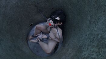 1girl 3d absurdres ankle_cuffs ball_gag barefoot bdsm black_hair blindfold bondage bound breasts chain chained chained_ankles chained_wrists clenched_hand collar cuffs execution feet ff7sfm final_fantasy final_fantasy_vii final_fantasy_vii_remake gag gagged harness highres hole large_breasts leash legs long_hair nipple_piercing nipple_rings nipples nude open_mouth partially_submerged piercing prisoner rain reflection restrained shiny_skin sitting solo square_enix thighs tifa_lockhart toes torture trapped water wrist_cuffs