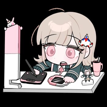 1girl :o ahoge animated animated_gif black_jacket blinking brown_hair chibi chibi_only collared_shirt cup danganronpa_(series) danganronpa_2:_goodbye_despair dot_nose drawing_tablet figure hair_ornament handheld_game_console highres holding holding_stylus jacket long_sleeves medium_hair monomi_(danganronpa) nanami_chiaki neck_ribbon open_clothes open_jacket open_mouth pink_eyes pink_ribbon ribbon shirt simple_background solo stylus teeth transparent_background upper_body upper_teeth_only white_shirt yeonju