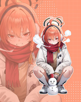 1girl ahoge alternate_costume black_halo blue_archive blush braid coat commentary convenient_censoring earmuffs english_commentary grin hair_between_eyes halo highres huge_ahoge jacket kneehighs kottungyang long_sleeves looking_at_viewer mole mole_under_each_eye mole_under_eye multiple_moles neru_(blue_archive) open_clothes open_jacket orange_hair red_eyes red_hair red_scarf scarf shoes short_hair single_braid smile snowman socks solo squatting sweater white_coat white_jacket white_shoes white_socks yellow_sweater zoom_layer