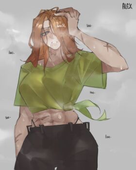 1girl abs alex_(minecraft) belt blush breasts brown_eyes character_name commentary english_commentary grey_background hair_over_one_eye heart highres long_hair medium_breasts minecraft navel notaxuaxi orange_hair pants scar short_sleeves simple_background solo teeth