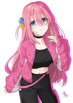 1girl black_choker black_pants black_shirt blue_eyes bocchi_the_rock! choker commentary_request cube_hair_ornament gotoh_hitori hair_ornament highres jacket kanaria_hisagi long_hair looking_at_viewer navel open_clothes open_jacket pants pink_hair pink_jacket shirt