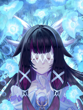 1girl absurdres arms_at_sides artist_request bare_shoulders black_hair blunt_bangs breasts choker collarbone columbina_(genshin_impact) detached_sleeves dress eye_mask eyelashes eyes_visible_through_hair facing_viewer feather_dress feather_hair_ornament female_focus field flower flower_field genshin_impact gradient_hair hair_flaps hair_ornament halterneck highres huge_filesize light_smile lips long_hair mask multicolored_hair pink_hair ribbon_choker sidelocks small_breasts two-tone_hair upper_body white_dress white_mask x_hair_ornament
