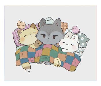 animal animal_focus artist_name ayu_(mog) baby_animal bird blanket border chick closed_eyes closed_mouth commentary english_commentary fox grey_background lying no_humans on_back original pillow rabbit simple_background smile solid_circle_eyes under_covers watermark white_border wolf