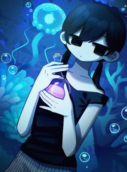 1girl absurdres antenna_hair black_eyes black_hair black_tank_top closed_mouth collarbone colored_skin commentary_request double-parted_bangs expressionless genderswap genderswap_(mtf) hair_between_eyes highres jellyfish long_hair looking_at_viewer low_twintails omori omori_(omori) short_twintails solo tank_top twintails white_skin yksm_oe