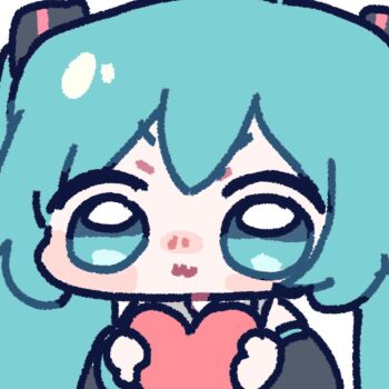 1girl :3 aqua_eyes aqua_hair black_sleeves blush chibi chibi_only detached_sleeves grey_shirt hair_ornament hashtag-only_commentary hatsune_miku heart holding holding_heart long_hair looking_at_viewer miratsu_(miratsu169) nose_blush shirt simple_background sleeveless sleeveless_shirt solo tagme twintails vocaloid white_background