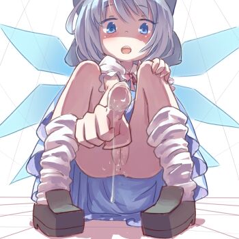 1girl :o anus ass blouse blue_dress blue_eyes blue_hair blush bottomless brown_shoes cirno cleft_of_venus coffee_(ecafree2) collared_shirt dress fairy fairy_wings female_focus from_below full_body ice ice_wings index_finger_raised loafers loli looking_at_viewer looking_down loose_socks matching_hair/eyes no_panties no_pants open_mouth parted_lips pigeon-toed pointing pointing_at_viewer puffy_short_sleeves puffy_sleeves pussy pussy_juice pussy_juice_on_fingers pussy_juice_trail ribbon shaded_face shirt shoes short_hair short_sleeves simple_background smile socks solo squatting teeth tongue touhou uncensored white_background white_shirt white_socks wings