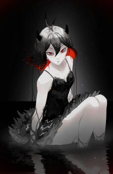 1girl antenna_hair arm_support artist_name bare_shoulders black_clover black_dress black_feathers black_hair black_horns bob_cut commentary demon_horns dress feathers hair_between_eyes hashtag-only_commentary highres horns looking_at_viewer looking_to_the_side multicolored_hair open_mouth red_eyes red_hair reflection reflective_liquid secre_swallowtail sitting solo tailyor_art teeth twitter_username two-tone_hair