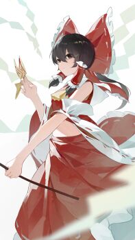 Rule 34 | 1girl, absurdres, ascot, between fingers, bow, breasts, brown eyes, brown hair, chinese commentary, closed mouth, commentary request, detached sleeves, frilled bow, frilled hair tubes, frilled skirt, frills, gohei, hair bow, hair tubes, hakurei reimu, highres, holding, holding gohei, holding ofuda, kenkxx, long hair, looking at viewer, midriff, ofuda, ofuda between fingers, red bow, red skirt, ribbon-trimmed skirt, ribbon-trimmed sleeves, ribbon trim, skirt, skirt set, small breasts, solo, touhou, yellow ascot